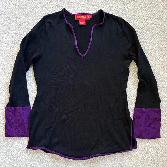 Shanghai Tang Sweaters - Shanghai Tang 100% Wool Black Sweater w/ Silk Purple Cuffs | Women’s